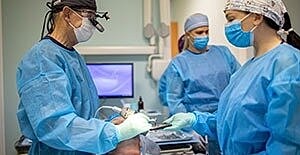 Medical team performing a procedure in surgical attire.