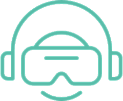 Person wearing virtual reality headset and headphones.